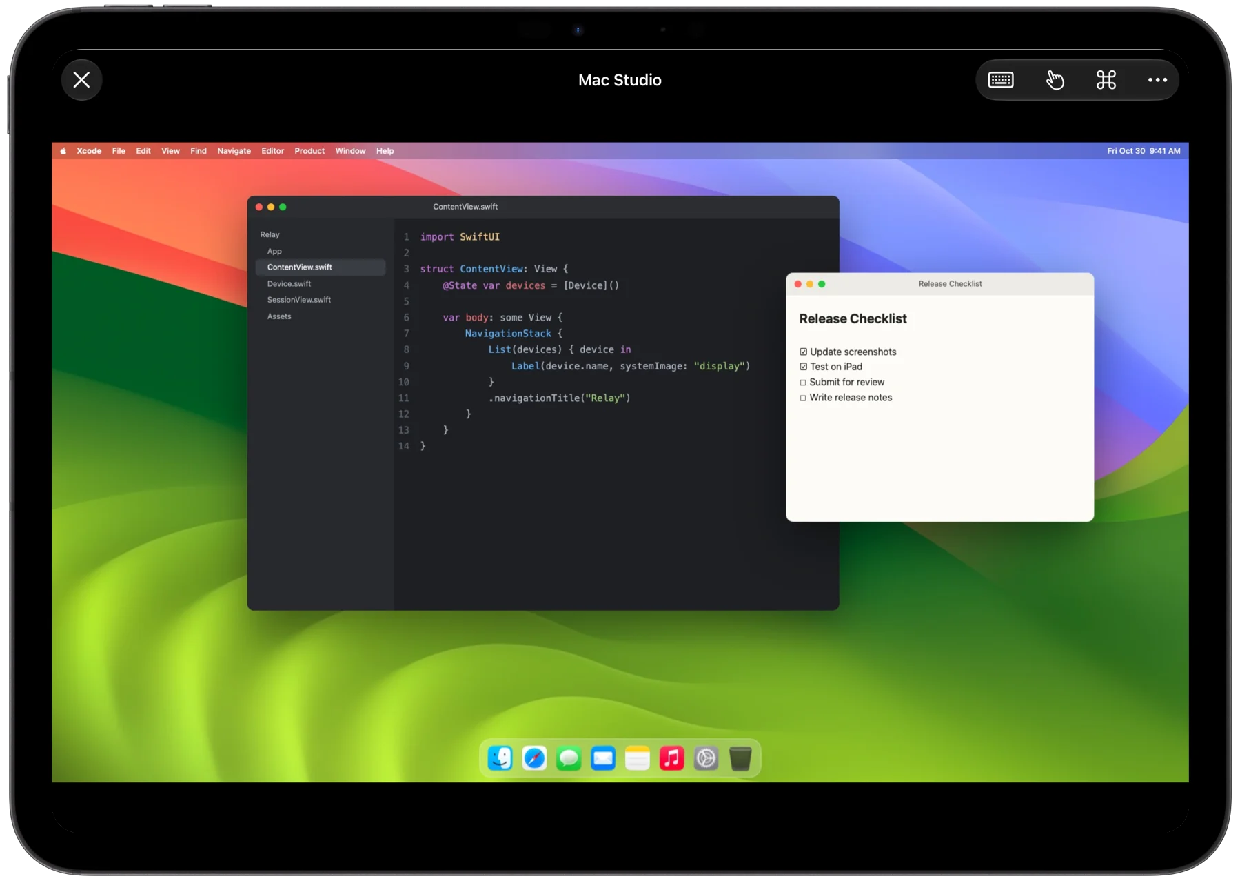 A Mac's screen in a Relay session on iPad