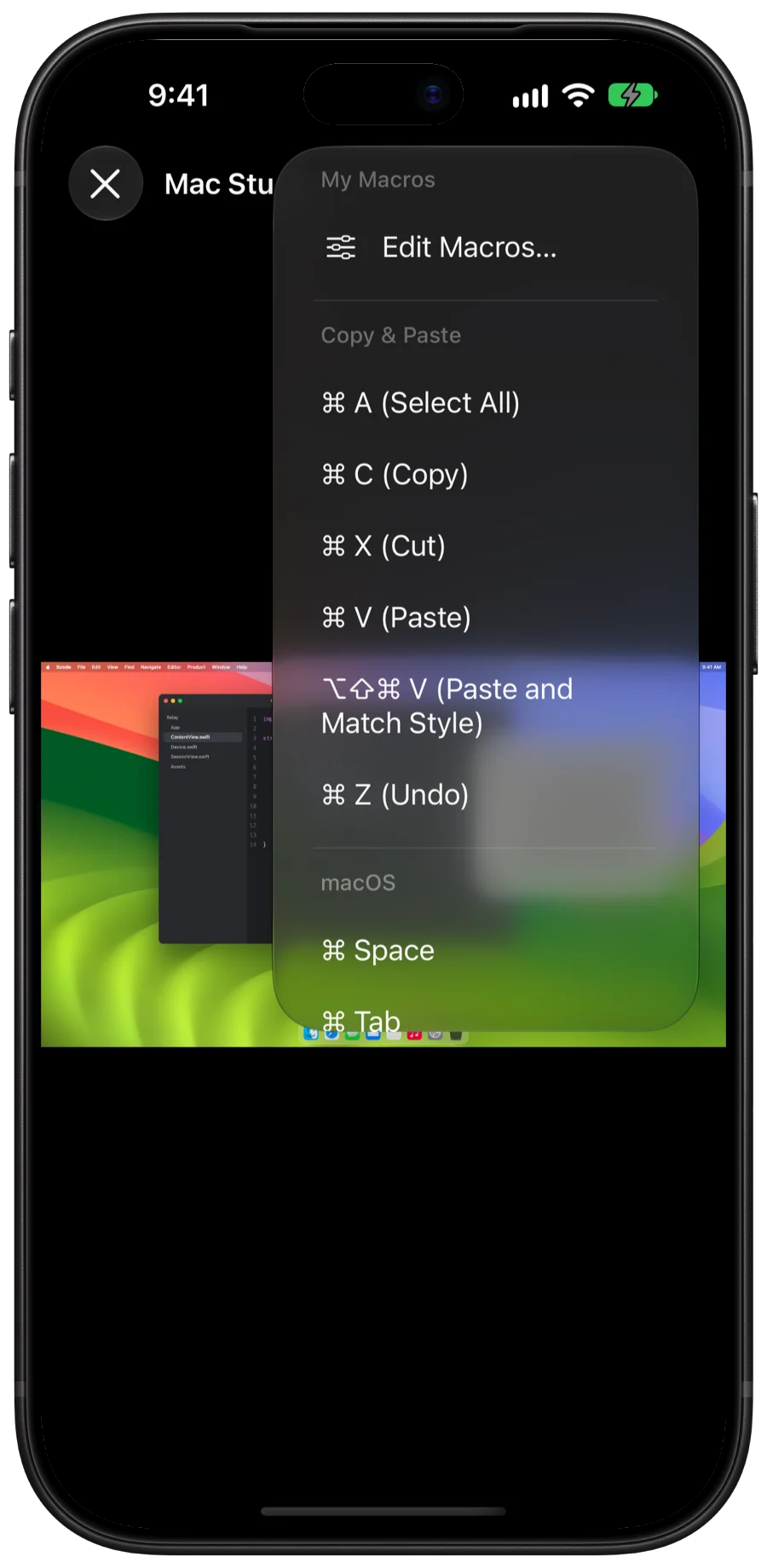 The Shortcuts menu with copy and paste shortcuts for macOS