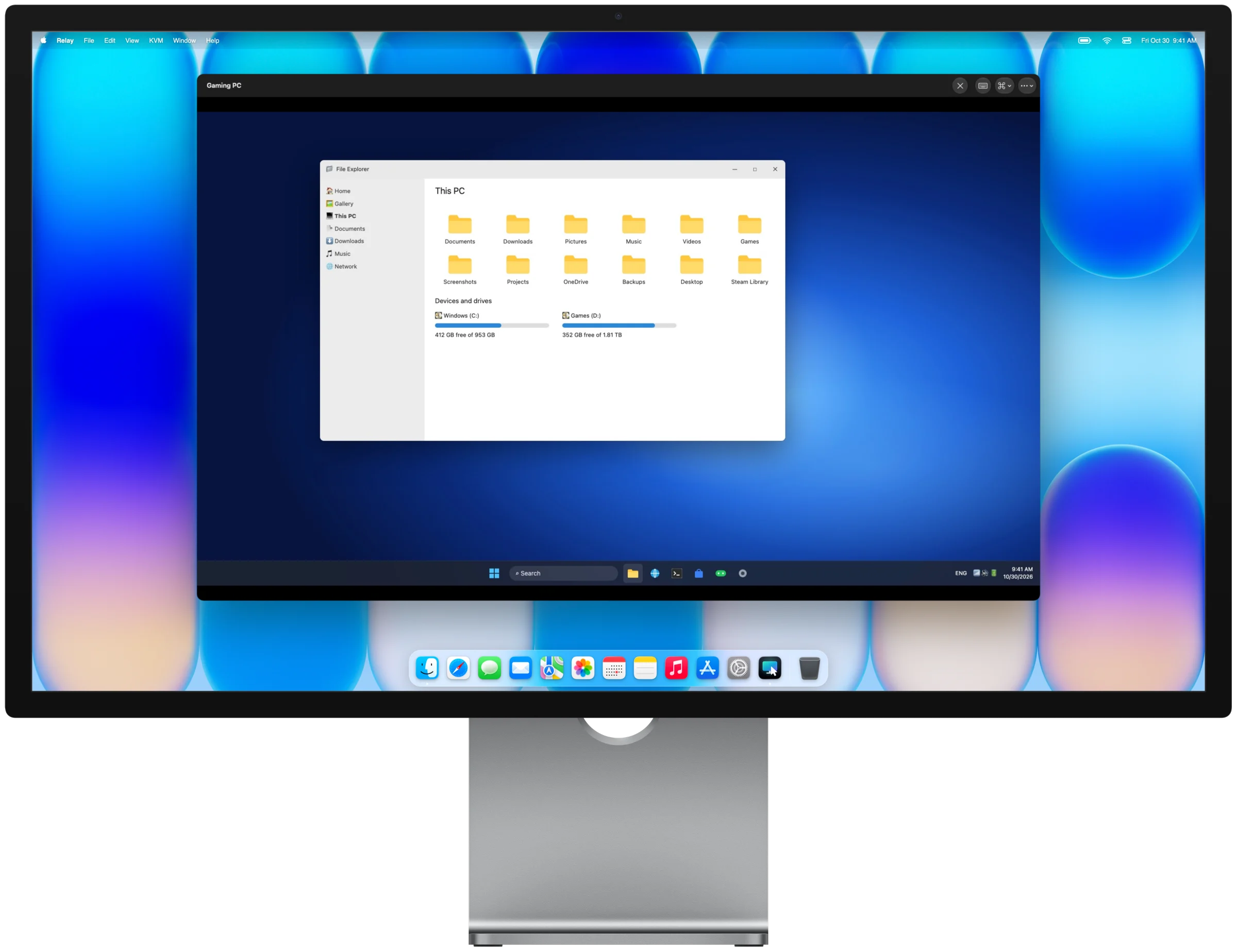 A Windows PC in a Relay window on a Studio Display